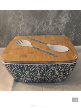True Living Melamine Serving Bowl Bamboo-Lid Green Leaf with Serving Utensils